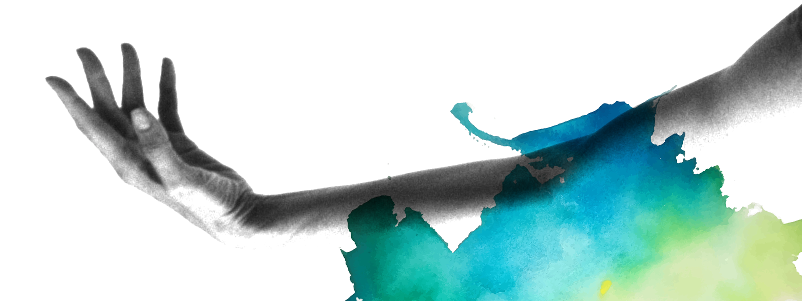 Un bras qui danse avec une tâche d'aquarelle colorée.